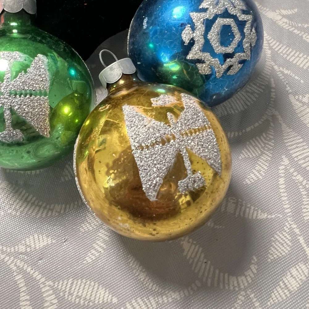 Vintage‎ USA MADE Mercury Glass Christmas Ornaments Stencil Glitter Lot 4